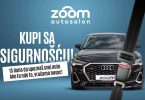 Crni Audi automobil ispred ZOOM autosalona s natpisom o 15 dana testiranja vozila