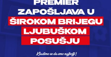 Plavi promotivni banner Premier kladionice s tekstom o zapošljavanju u tri grada