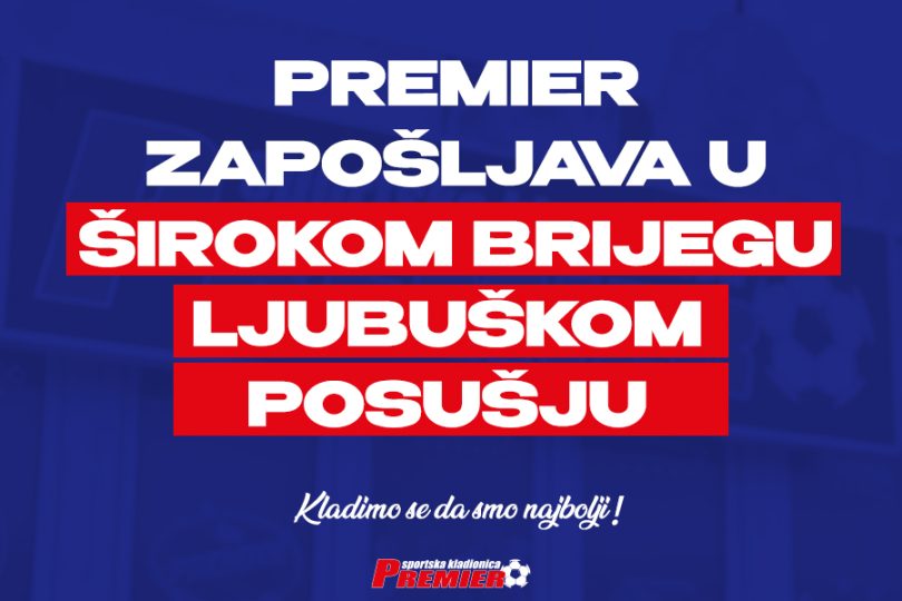 Plavi promotivni banner Premier kladionice s tekstom o zapošljavanju u tri grada