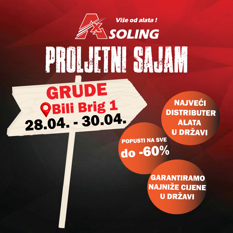Promotional poster for AX-SOLING spring fair in Grude with discount offers up to 60% off