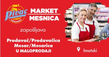 Radnici u crvenim pregačama u maloprodajnom objektu Pivac Market Mesnica
