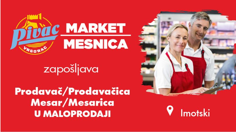 Radnici u crvenim pregačama u maloprodajnom objektu Pivac Market Mesnica