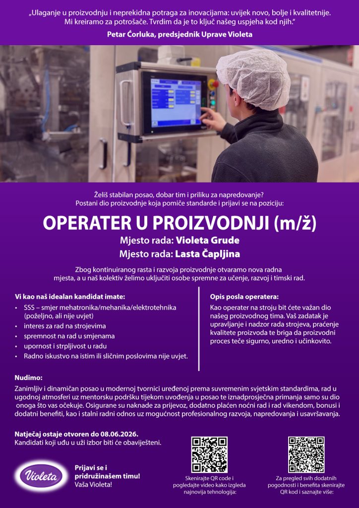 OGLAS ZA POSAO OPERATER U PROIZVODNJI BIH 05 2025