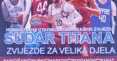 Plakat humanitarne košarkaške utakmice sa zvijezdama i logom udruge Duga