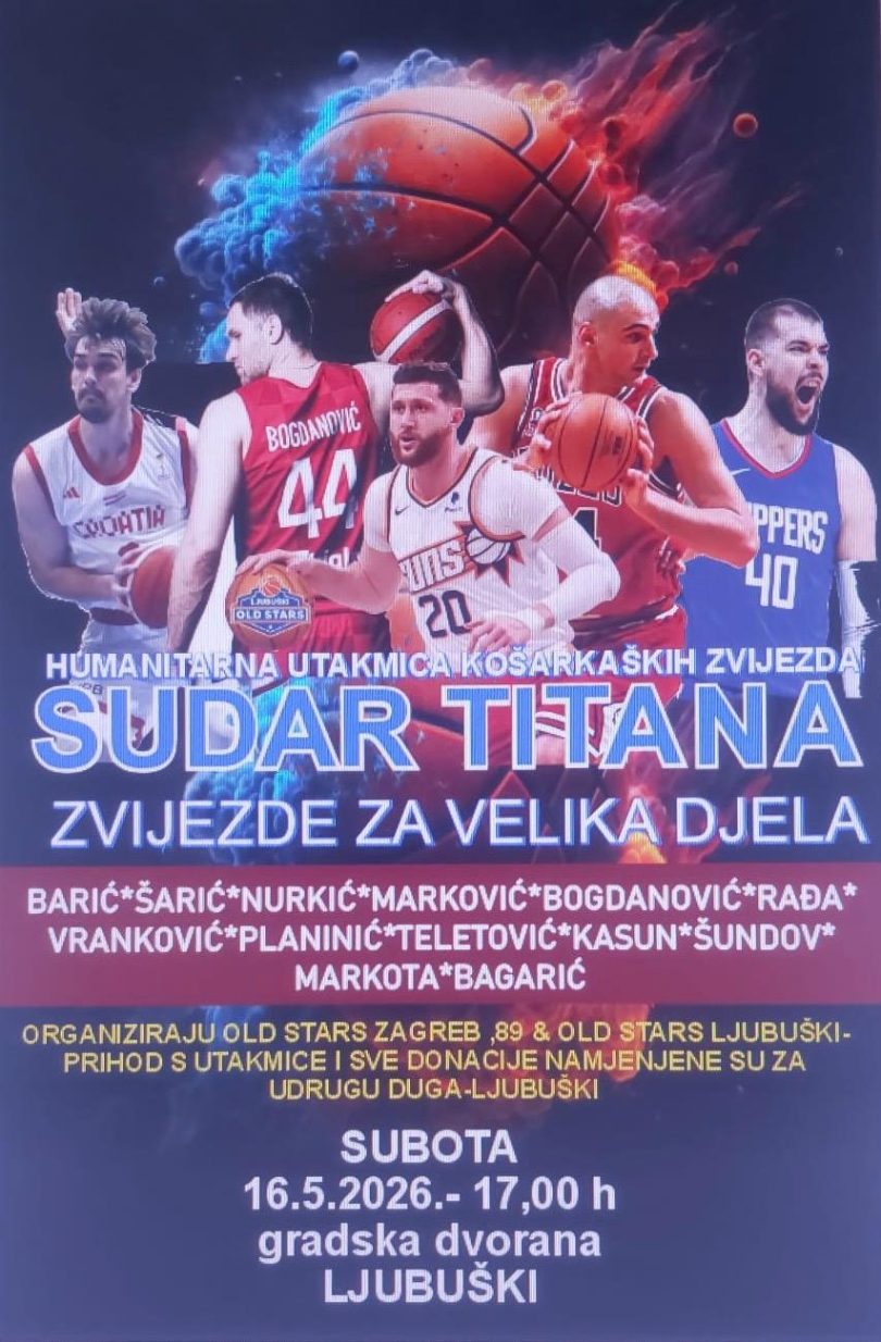 Plakat humanitarne košarkaške utakmice sa zvijezdama i logom udruge Duga