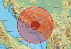 Mapa sa označenim epicentrom potresa u centralnoj Bosni i zahvaćenim područjem koje se протеже на Hercegovinu