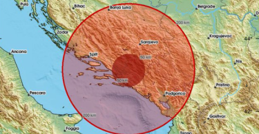 Mapa sa označenim epicentrom potresa u centralnoj Bosni i zahvaćenim područjem koje se протеже на Hercegovinu