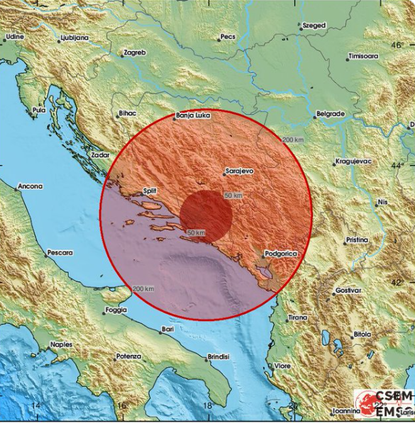 Mapa sa označenim epicentrom potresa u centralnoj Bosni i zahvaćenim područjem koje se протеже на Hercegovinu