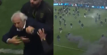 Trener Vahid Halilhodžić gestikulira prema navijačima na nogometnom terenu tijekom incidenta