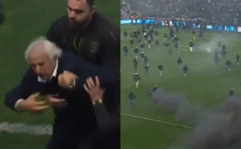 Trener Vahid Halilhodžić gestikulira prema navijačima na nogometnom terenu tijekom incidenta