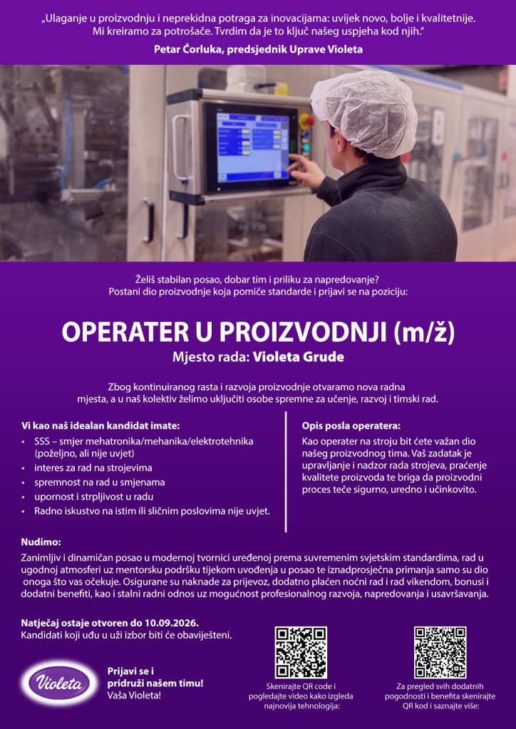 OGLAS ZA POSAO OPERATER U PROIZVODNJI BIH 09 2026